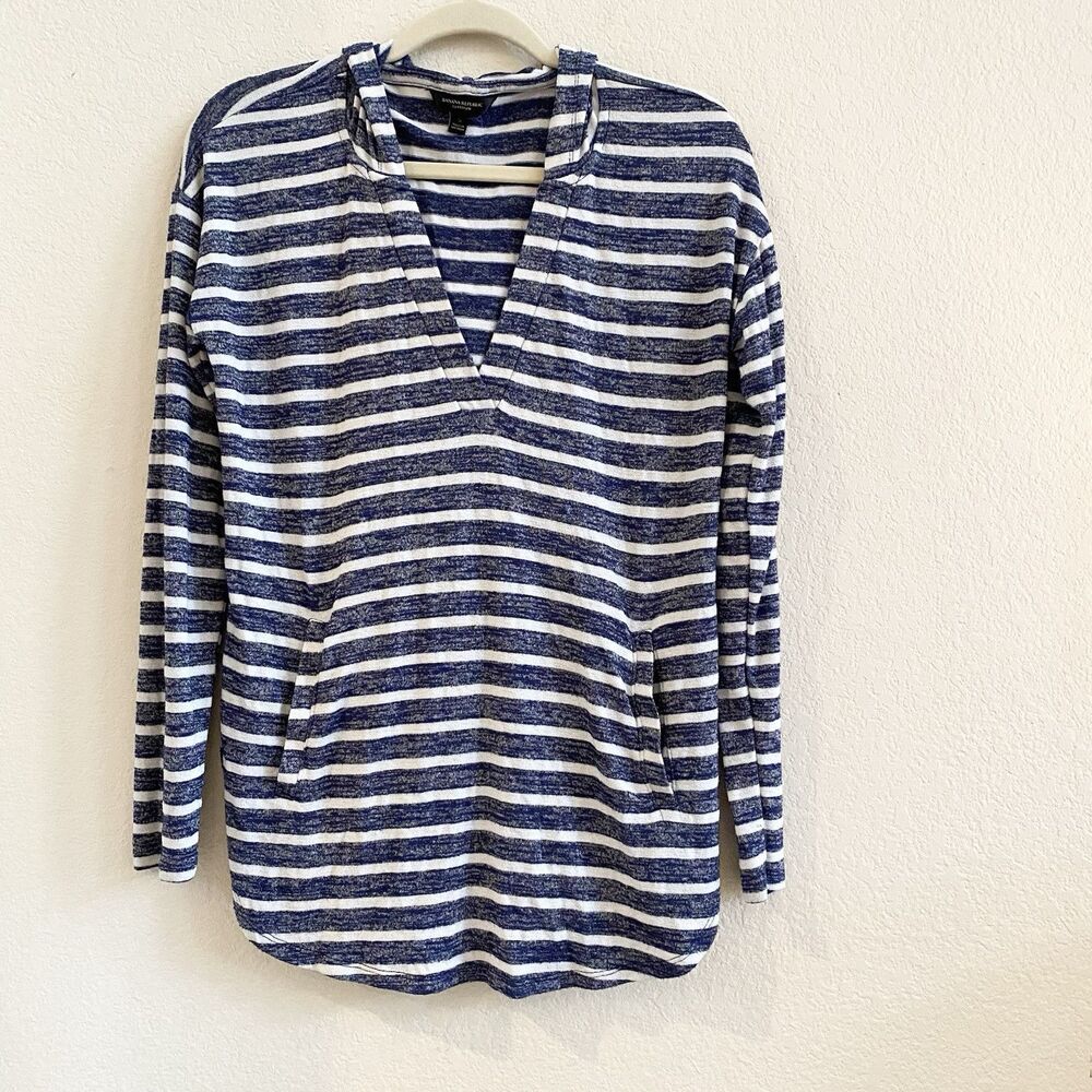 Banana Republic Luxespun Blue Striped L/S Pullover Hoodie Shirt with Pocket‎ S